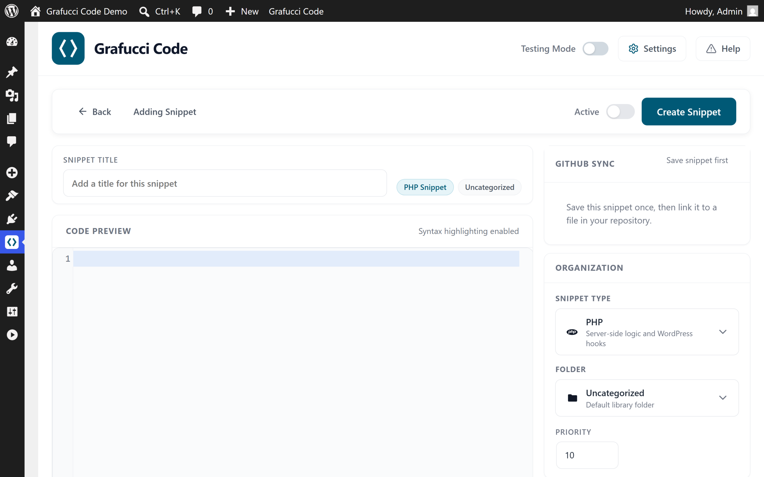 Adding Snippet with Snippet Type set to PHP