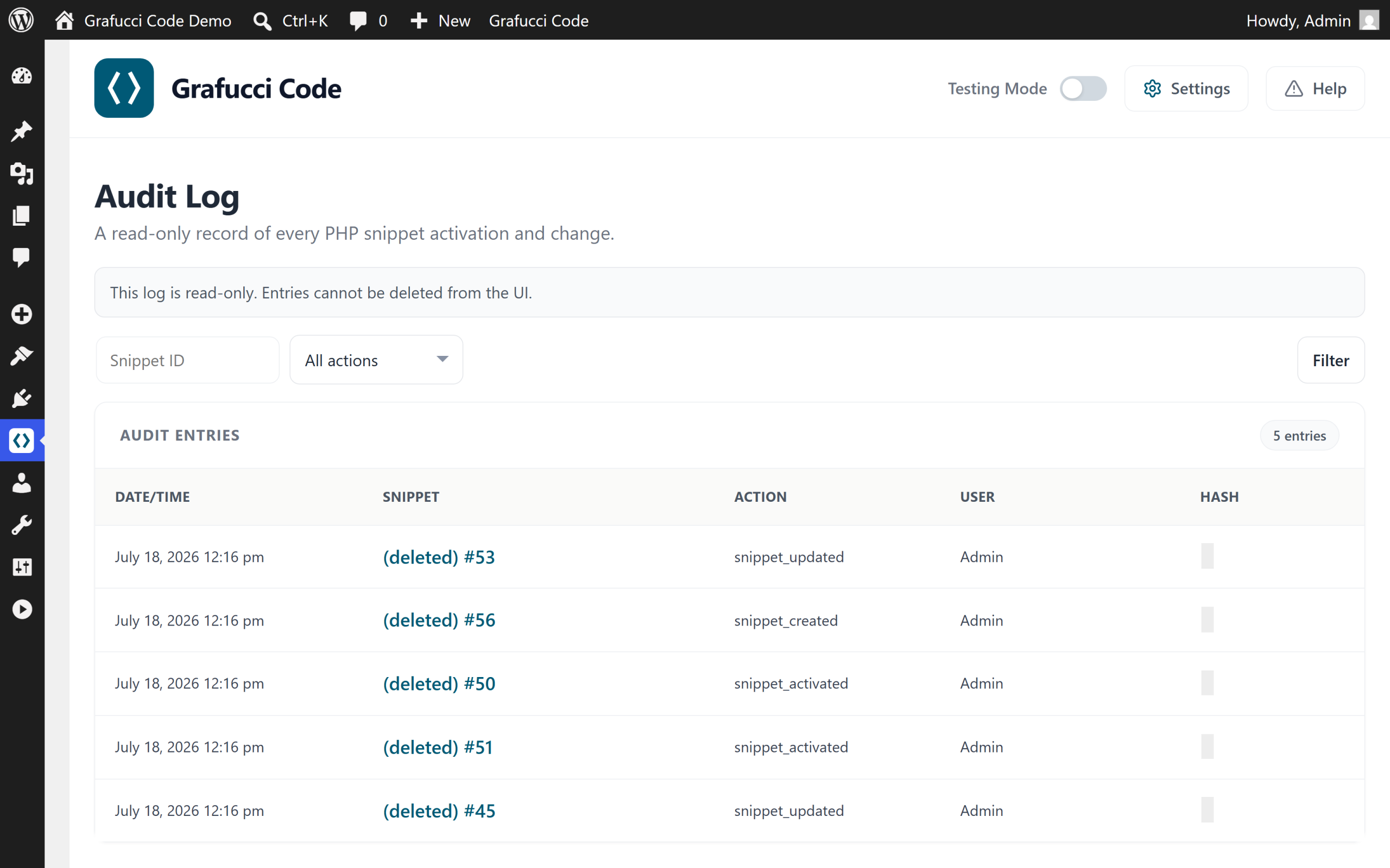 Audit Log table of snippet actions