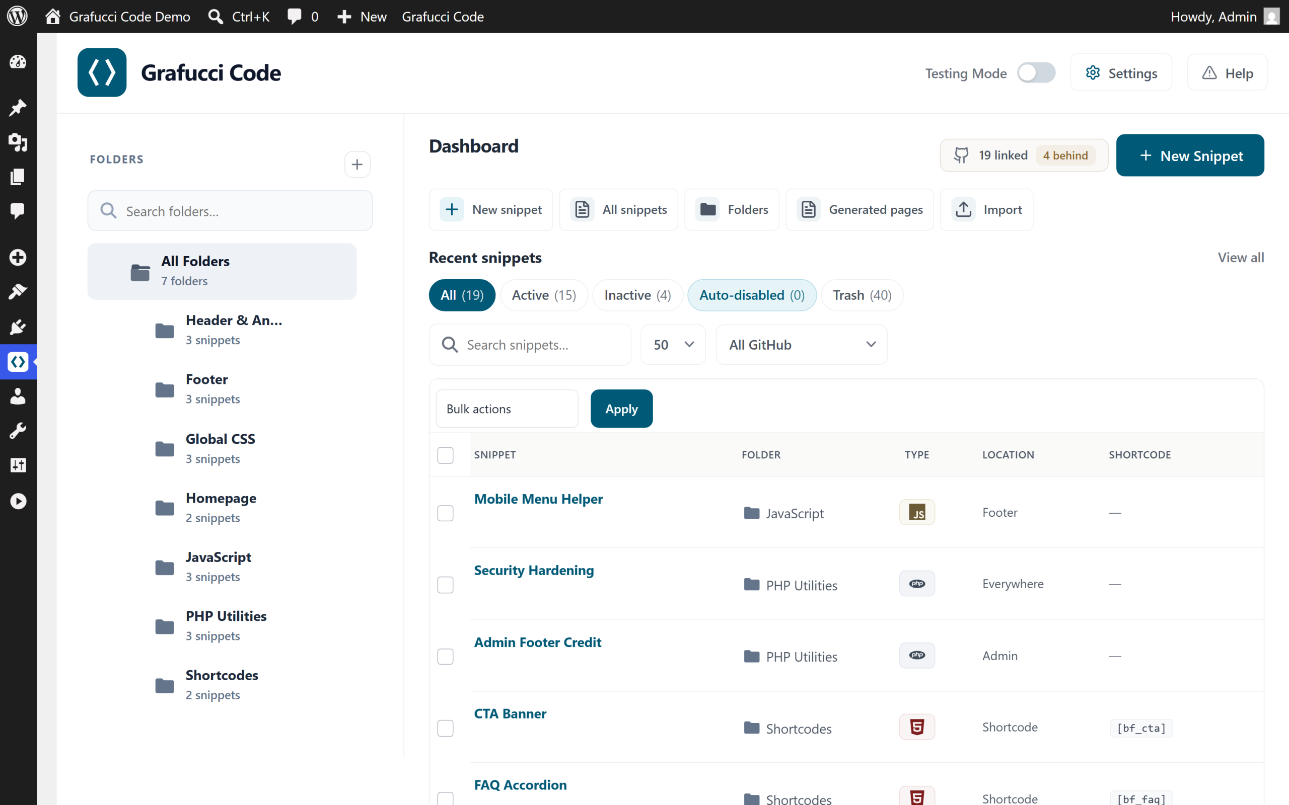 Grafucci Code dashboard