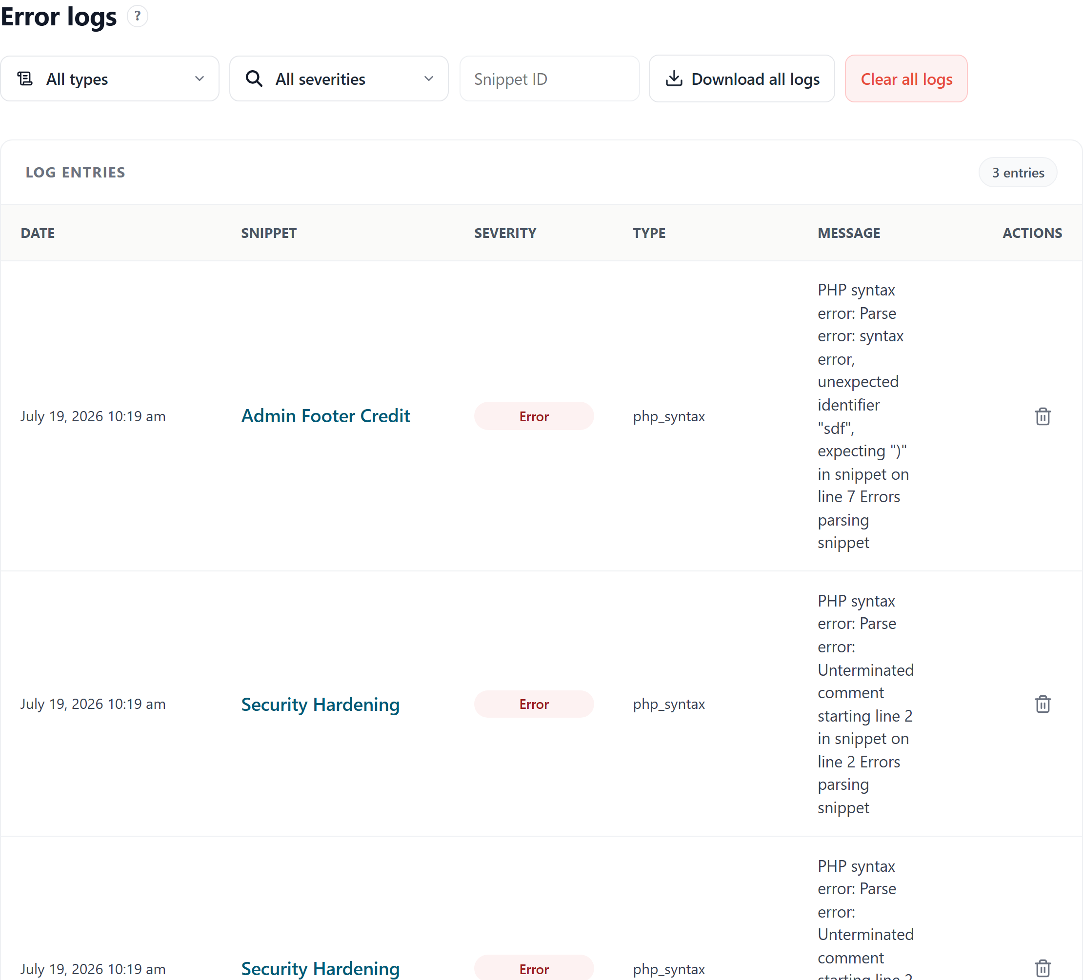 Error log list with snippet name and line number