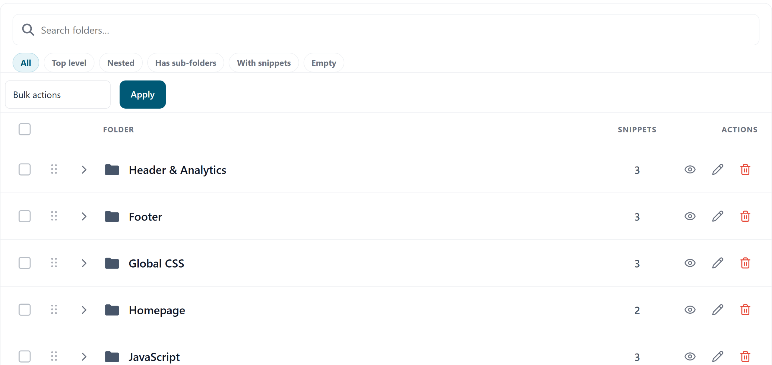 Folder filter list in the snippets library