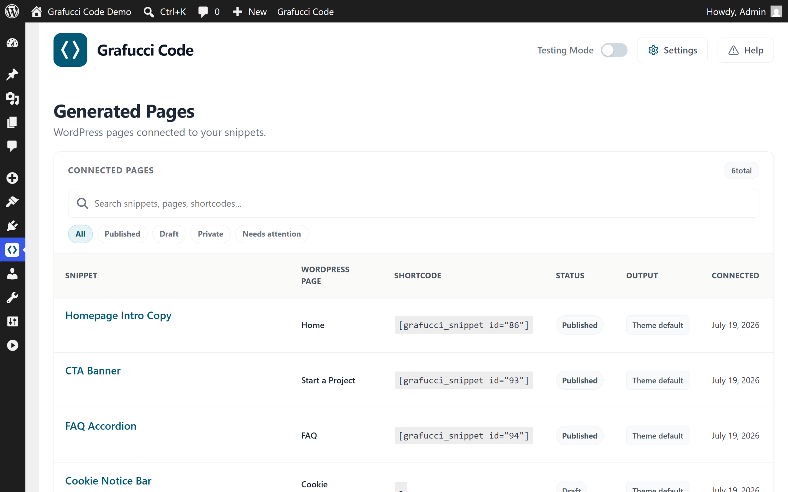 Generated Pages mapping screen