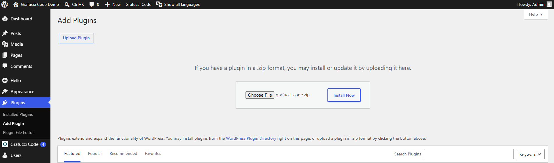 WordPress Plugins Add New Upload Plugin with grafucci-code.zip selected