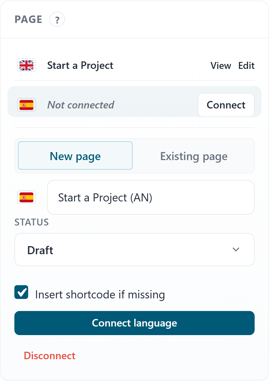 Page sidebar with Polylang language rows and Connect language