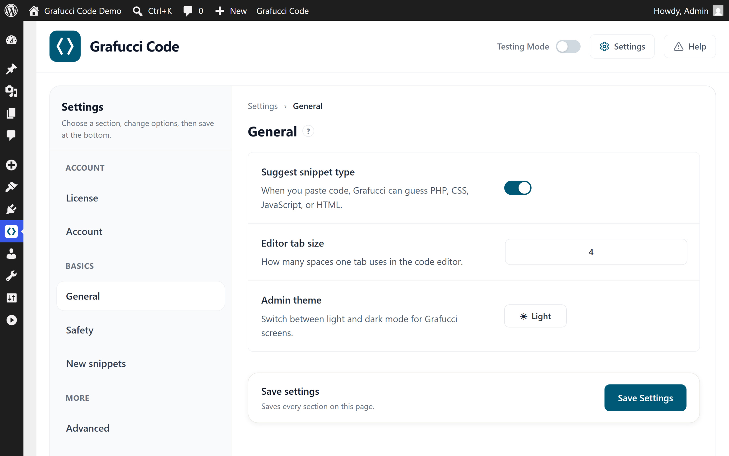Grafucci Code Settings overview