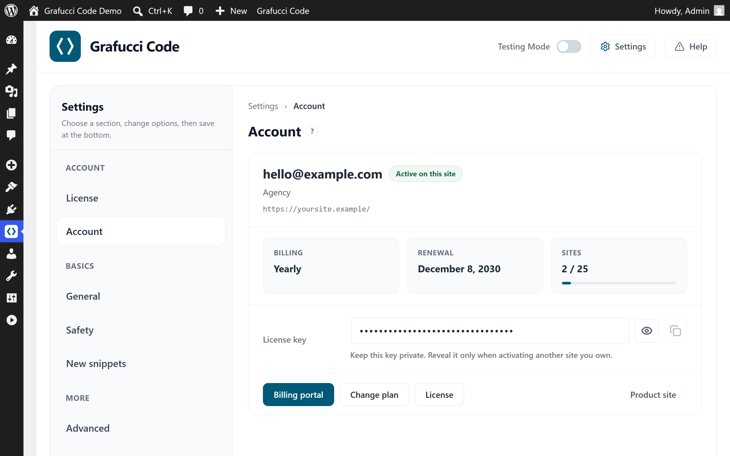 Settings Account with billing, renewal, sites, and license key