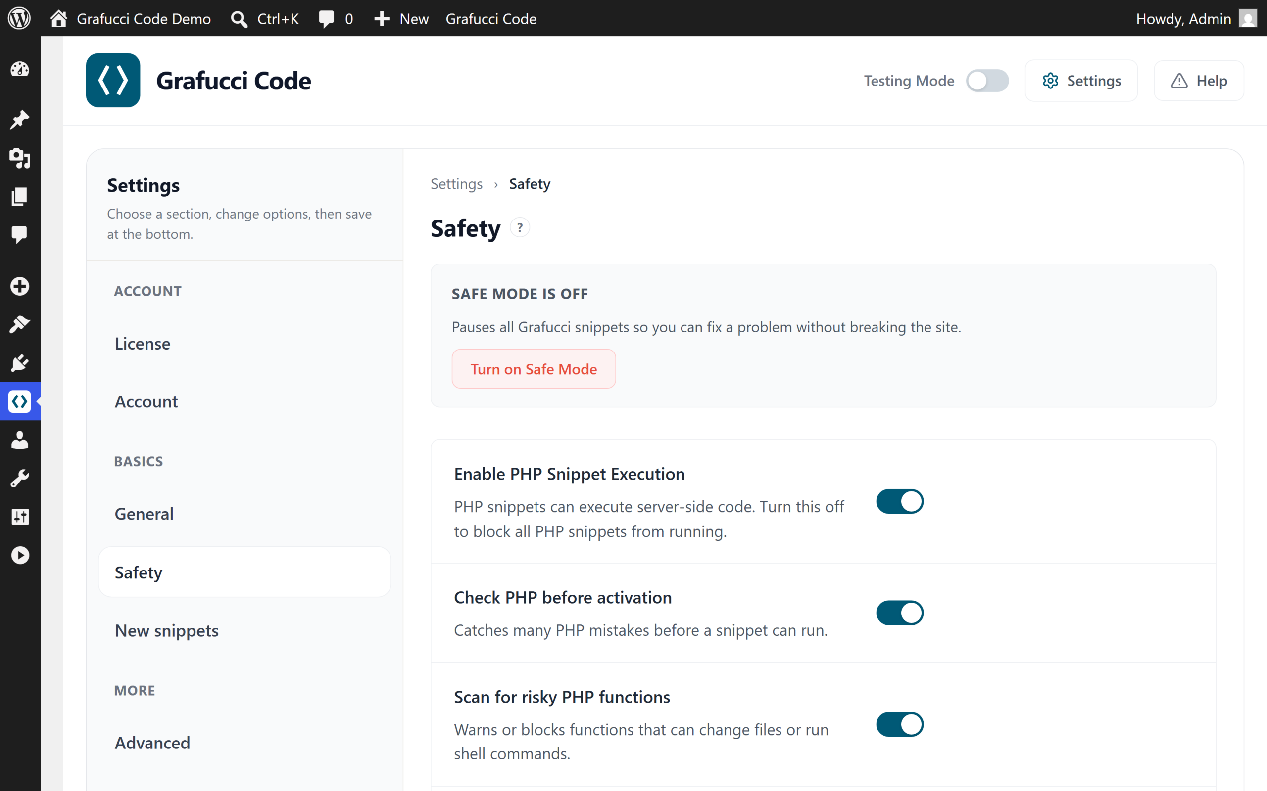 Safety settings with PHP execution toggle