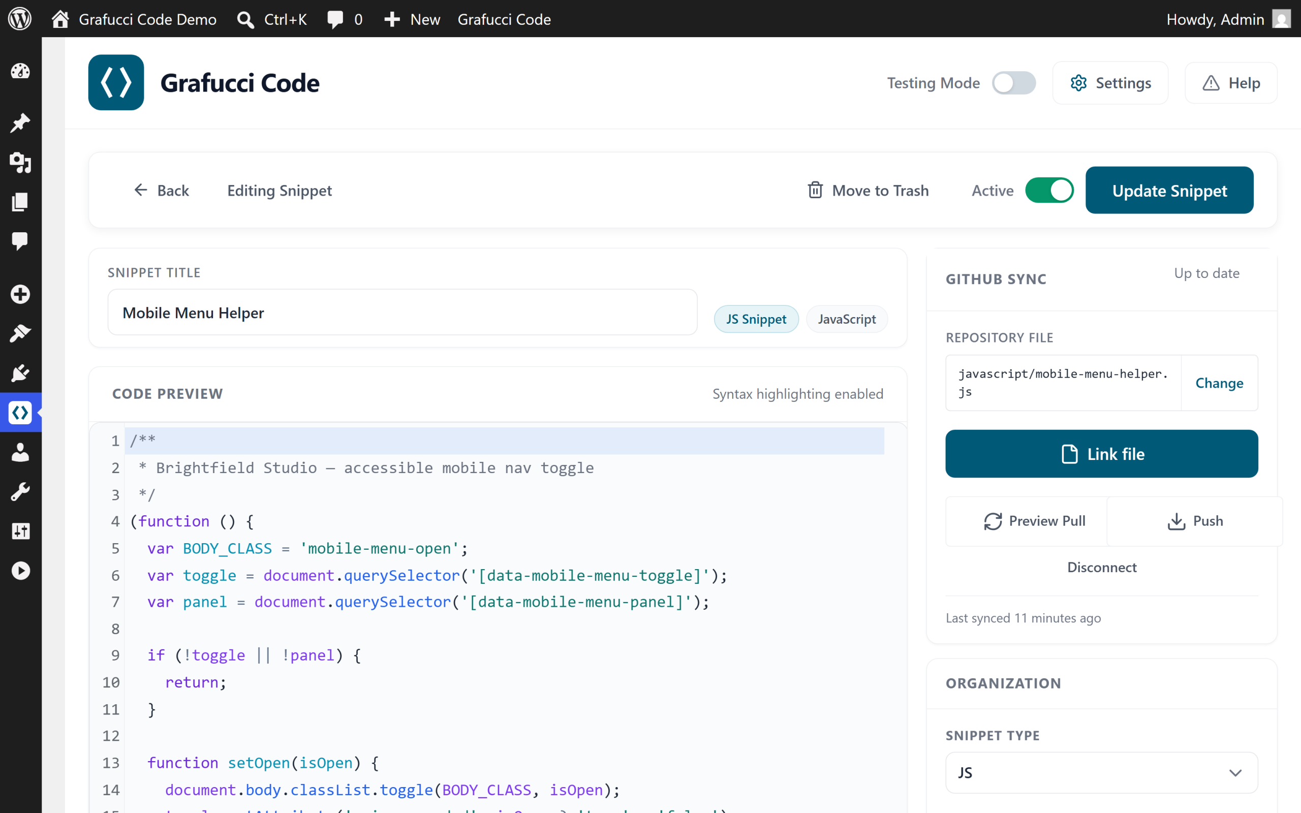 Snippet editor with Active toggle and validation