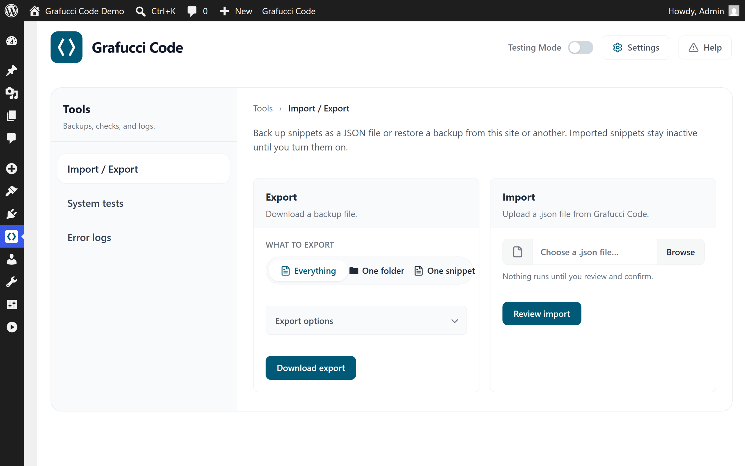 Tools Import and Export tab