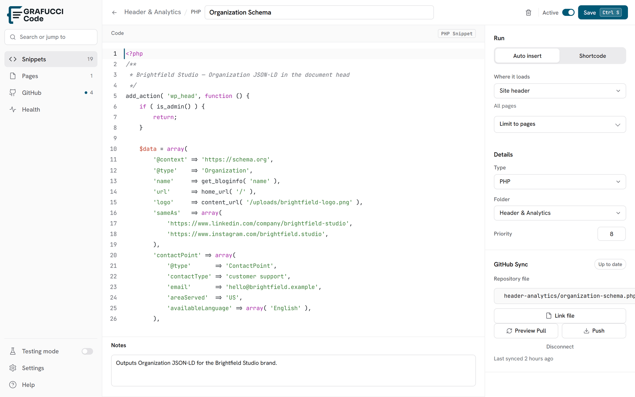Snippet editor with code and sidebar settings