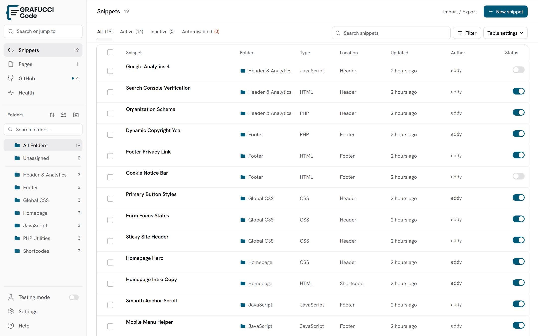 Grafucci Code Snippets screen with folders and the snippet table